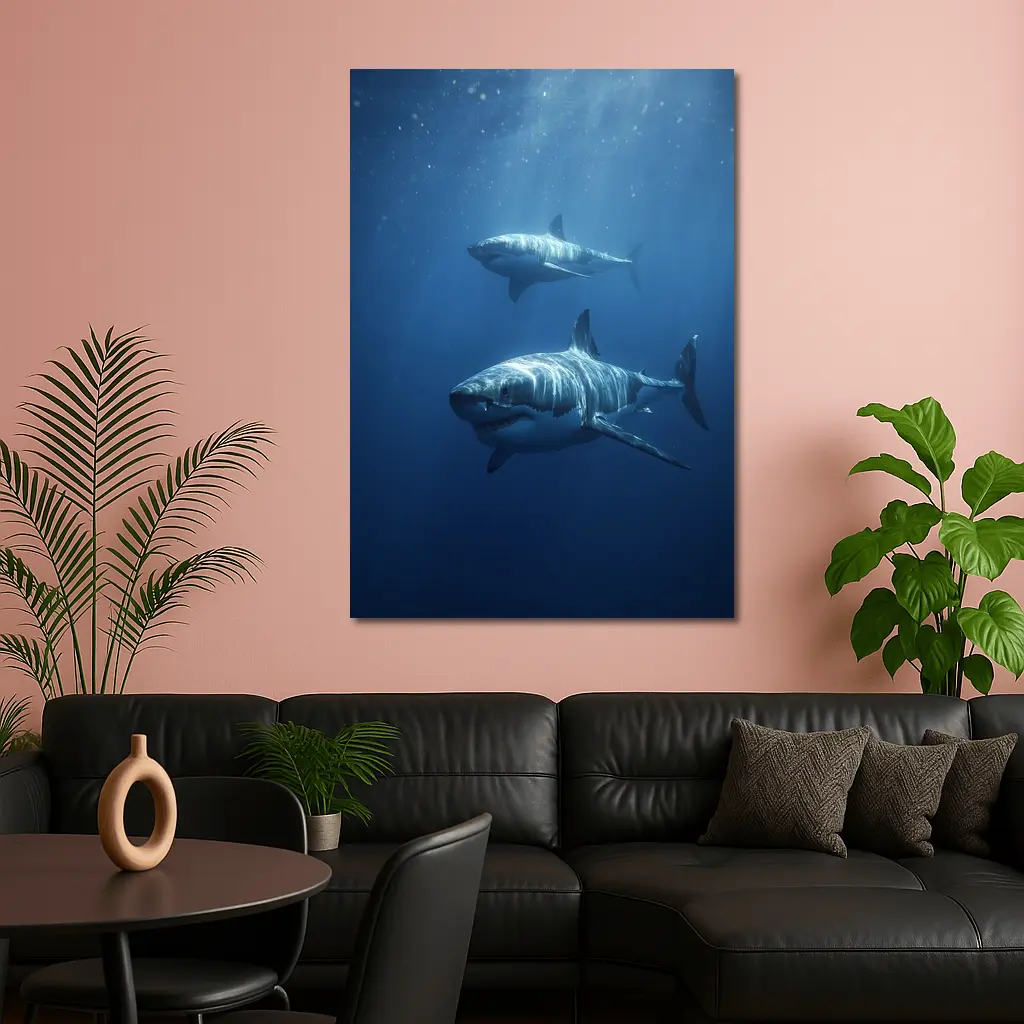 Two Great White Sharks Deep Blue Ocean – Wall Art