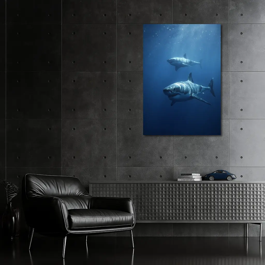Two Great White Sharks Deep Blue Ocean – Wall Art
