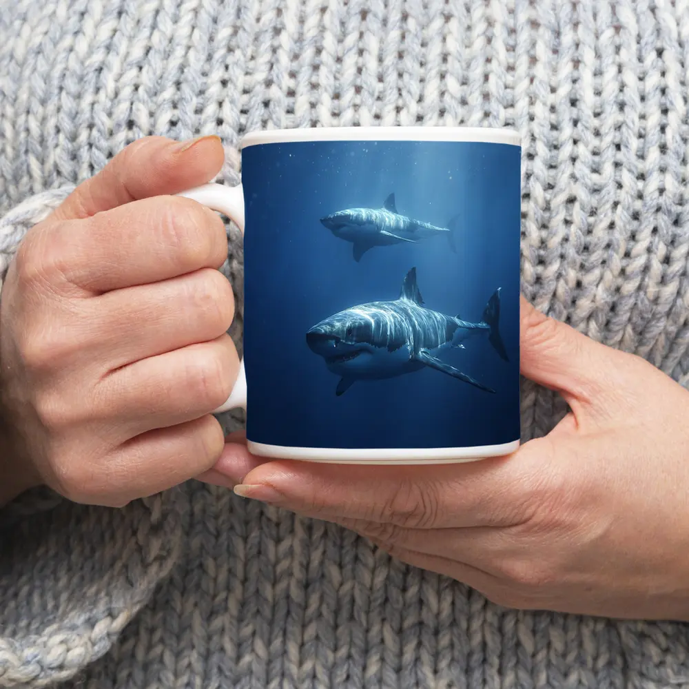 Two Great White Sharks Deep Blue Ocean – Mugs