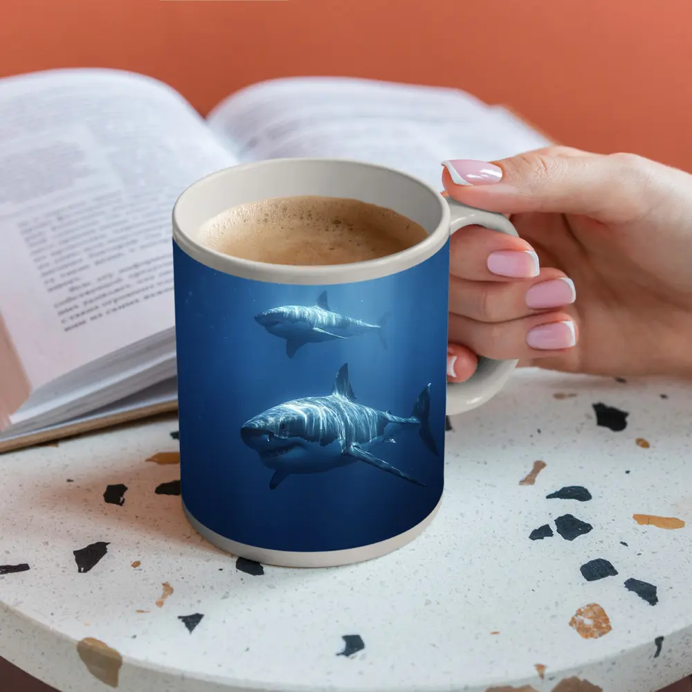 Two Great White Sharks Deep Blue Ocean – Mugs