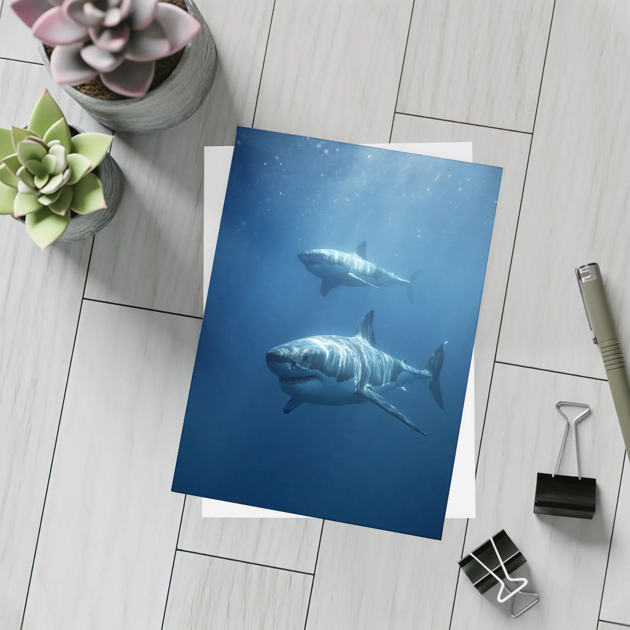 Two Great White Sharks Deep Blue Ocean – Postcards