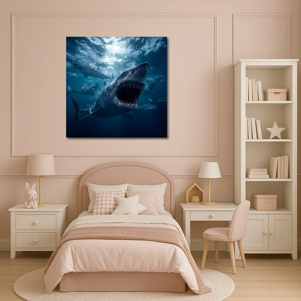Great White Shark Open Jaws Deep Ocean – Wall Art