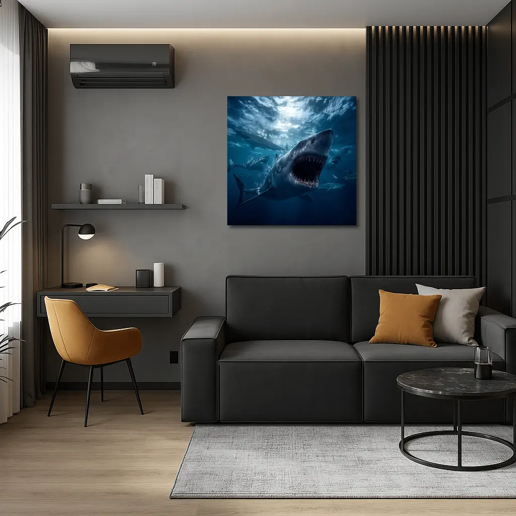 Great White Shark Open Jaws Deep Ocean – Wall Art