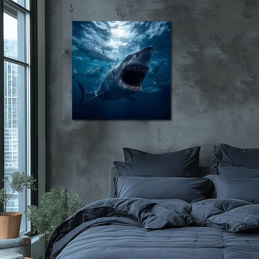 Great White Shark Open Jaws Deep Ocean – Wall Art