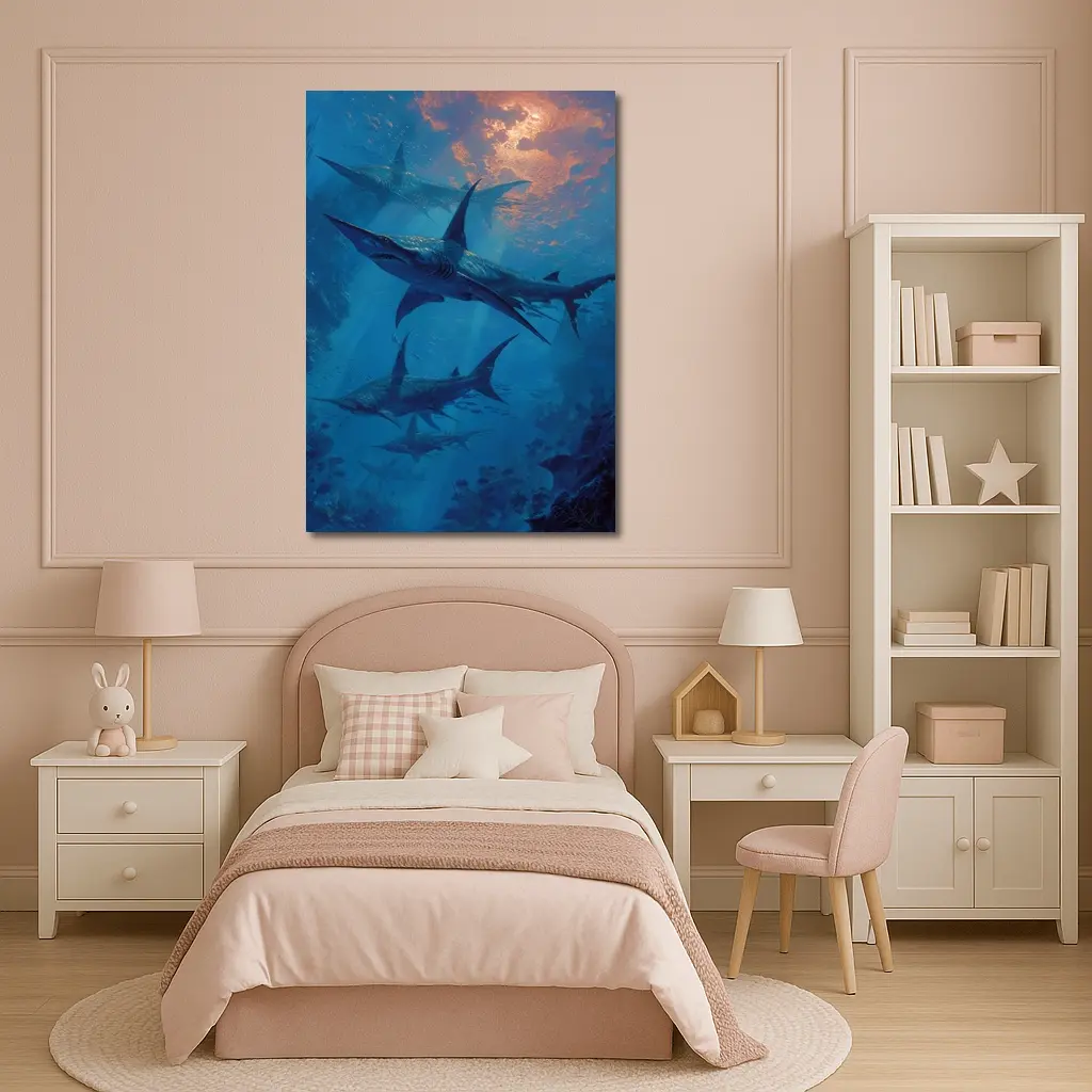 Blue Sharks Swimming Deep Ocean Reef – Wall Art