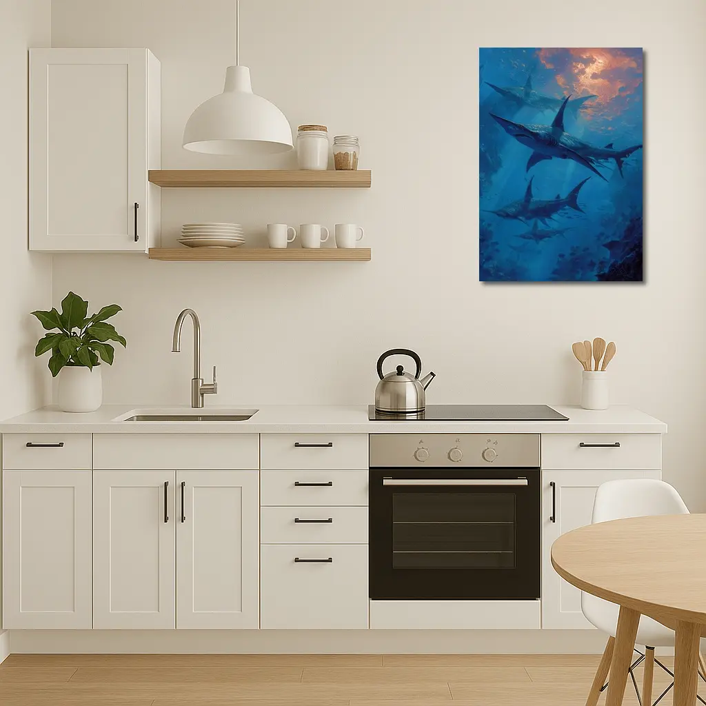 Blue Sharks Swimming Deep Ocean Reef – Wall Art
