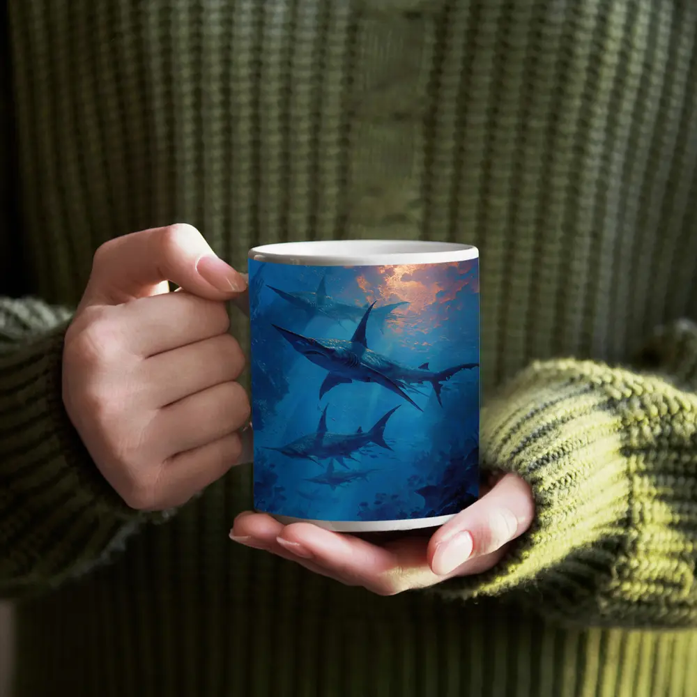 Blue Sharks Swimming Deep Ocean Reef – Mugs