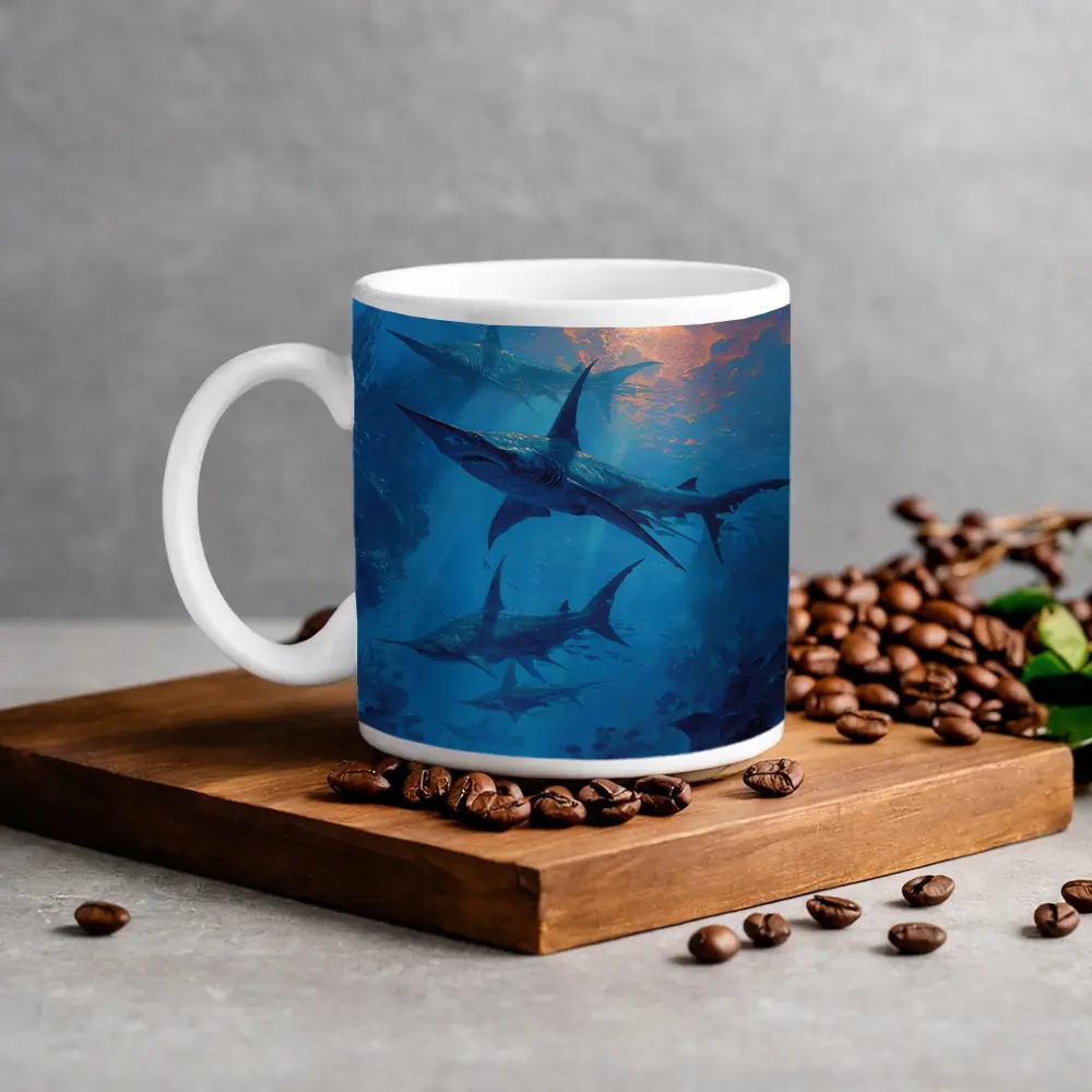 Blue Sharks Swimming Deep Ocean Reef – Mugs