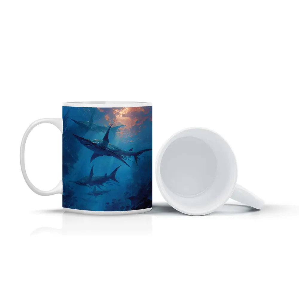 Blue Sharks Swimming Deep Ocean Reef – Mugs