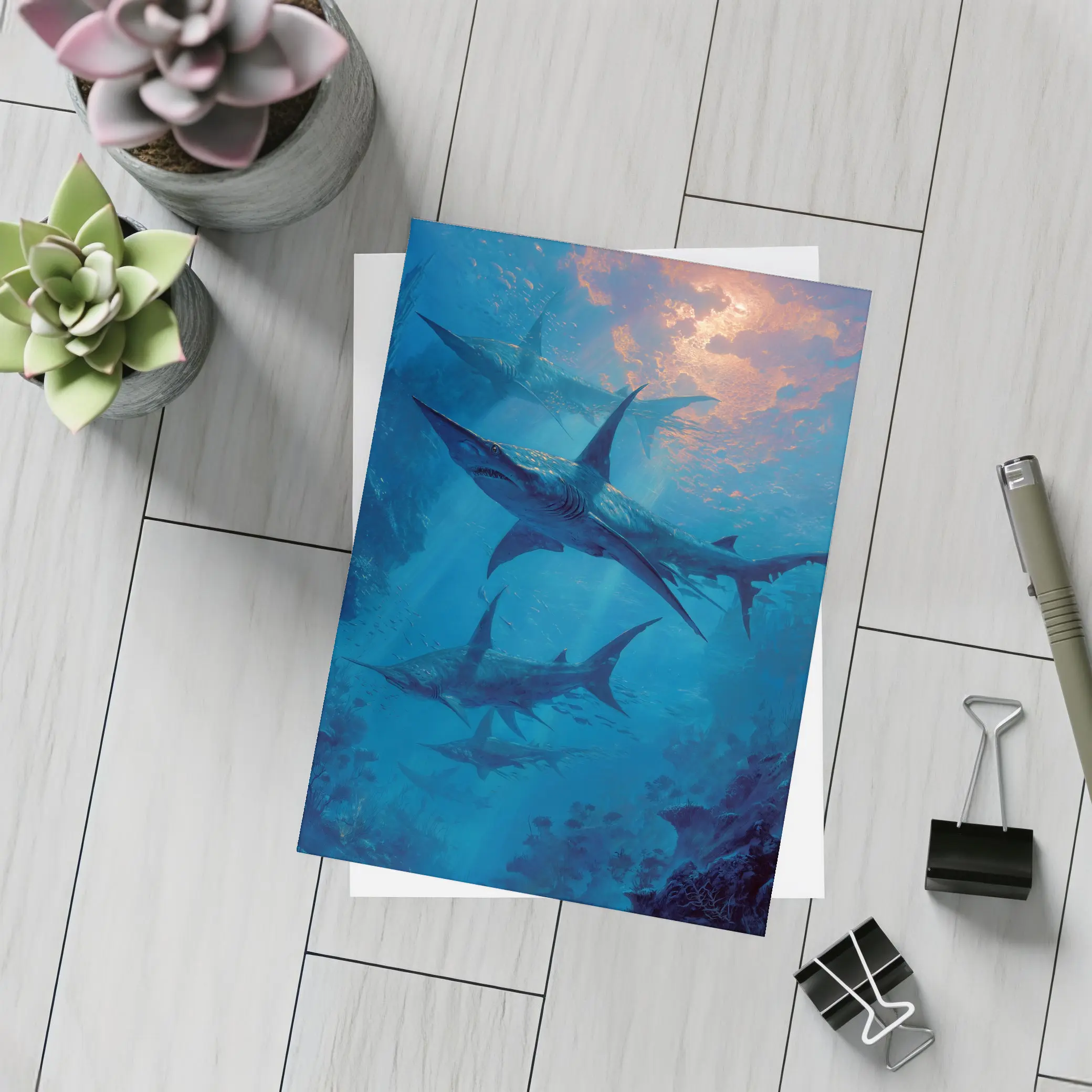 Blue Sharks Swimming Deep Ocean Reef – Postcards