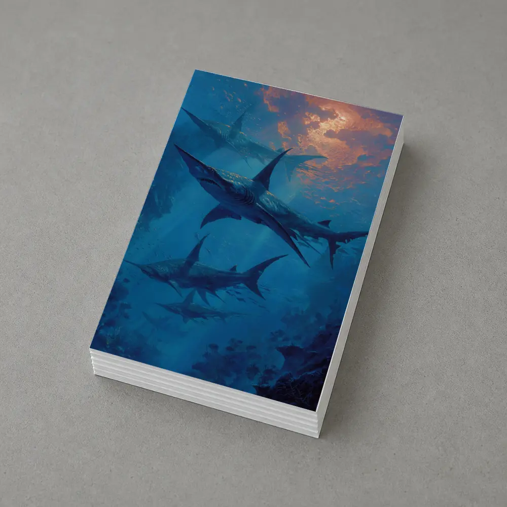 Blue Sharks Swimming Deep Ocean Reef – Postcards