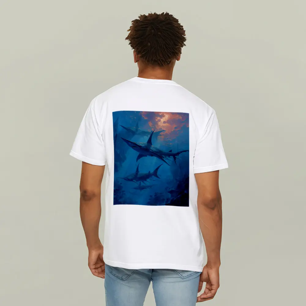 Blue Sharks Swimming Deep Ocean Reef – T-Shirts