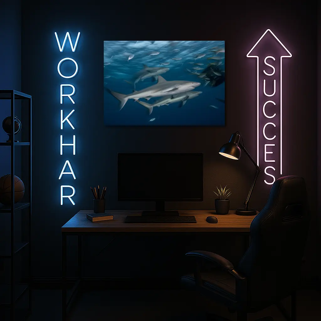 Sharks Swimming Together in Deep Blue Ocean – Wall Art