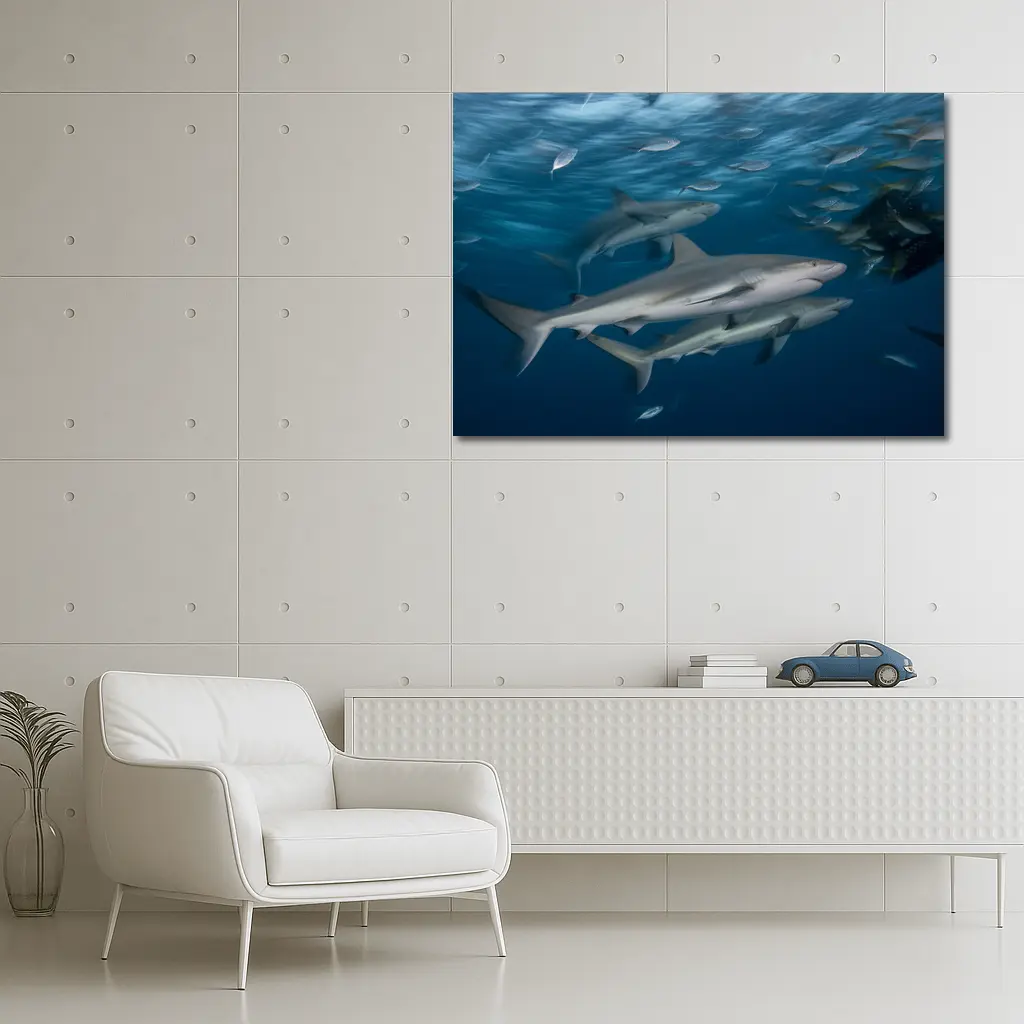 Sharks Swimming Together in Deep Blue Ocean – Wall Art