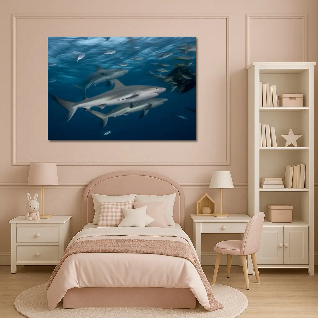 Sharks Swimming Together in Deep Blue Ocean – Wall Art