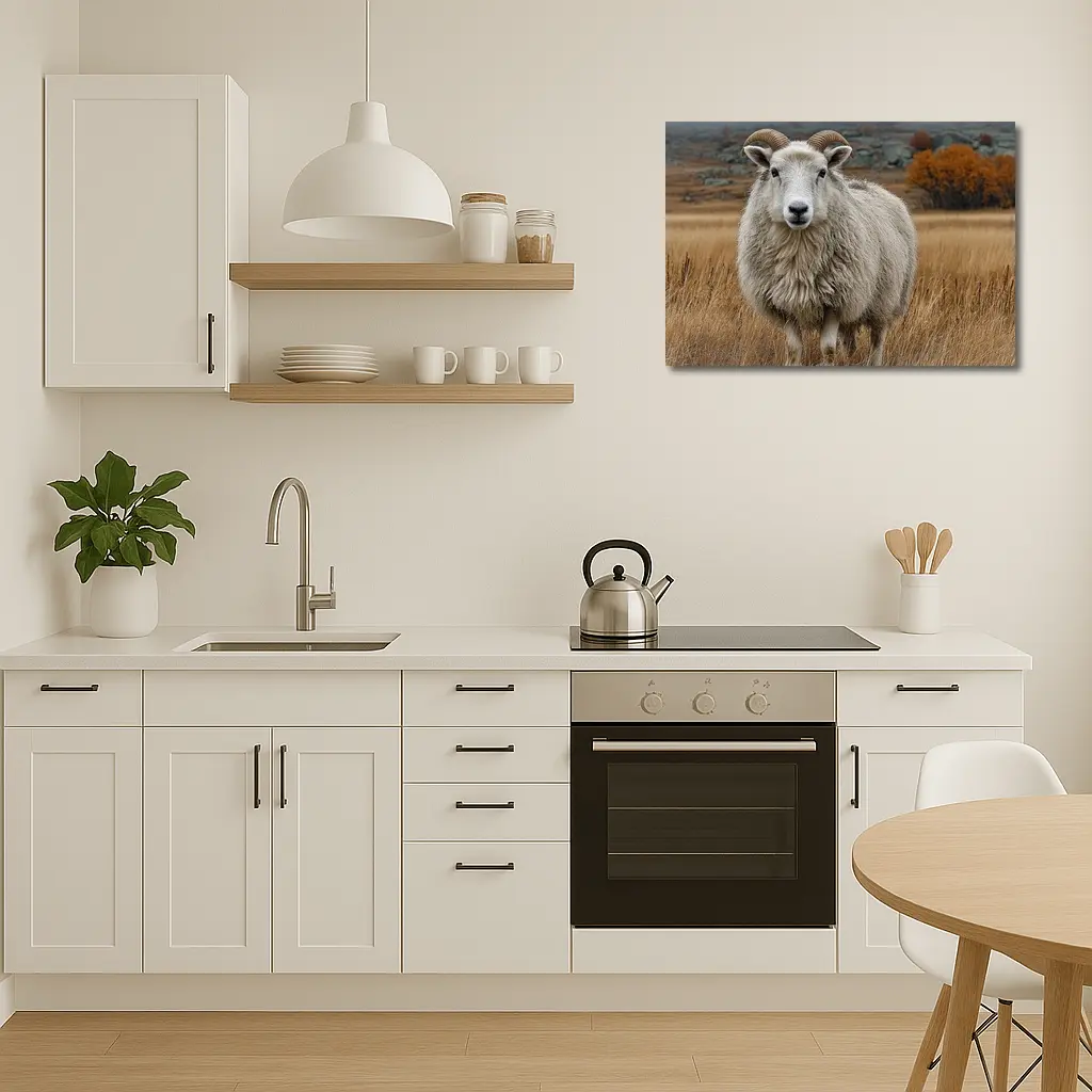 Horned Sheep Standing In Autumn Meadow – Wall Art