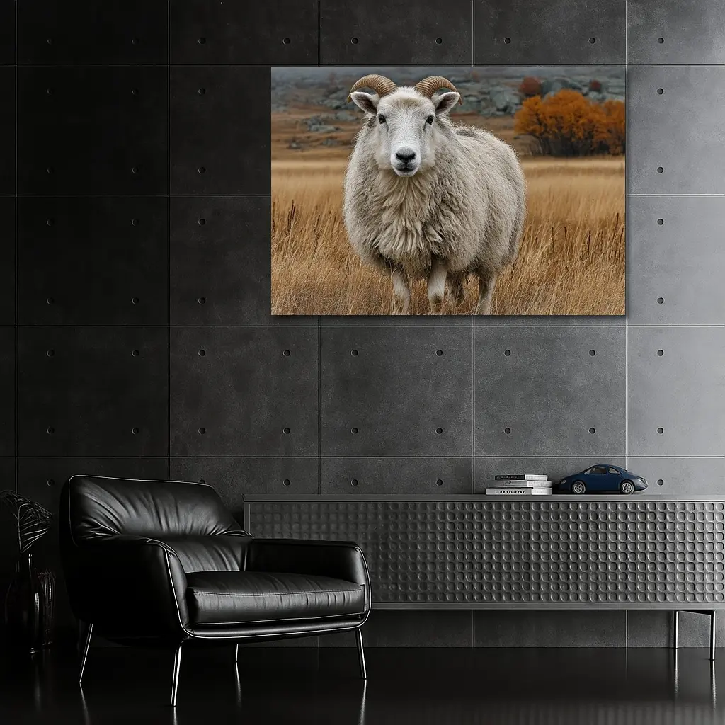 Horned Sheep Standing In Autumn Meadow – Wall Art