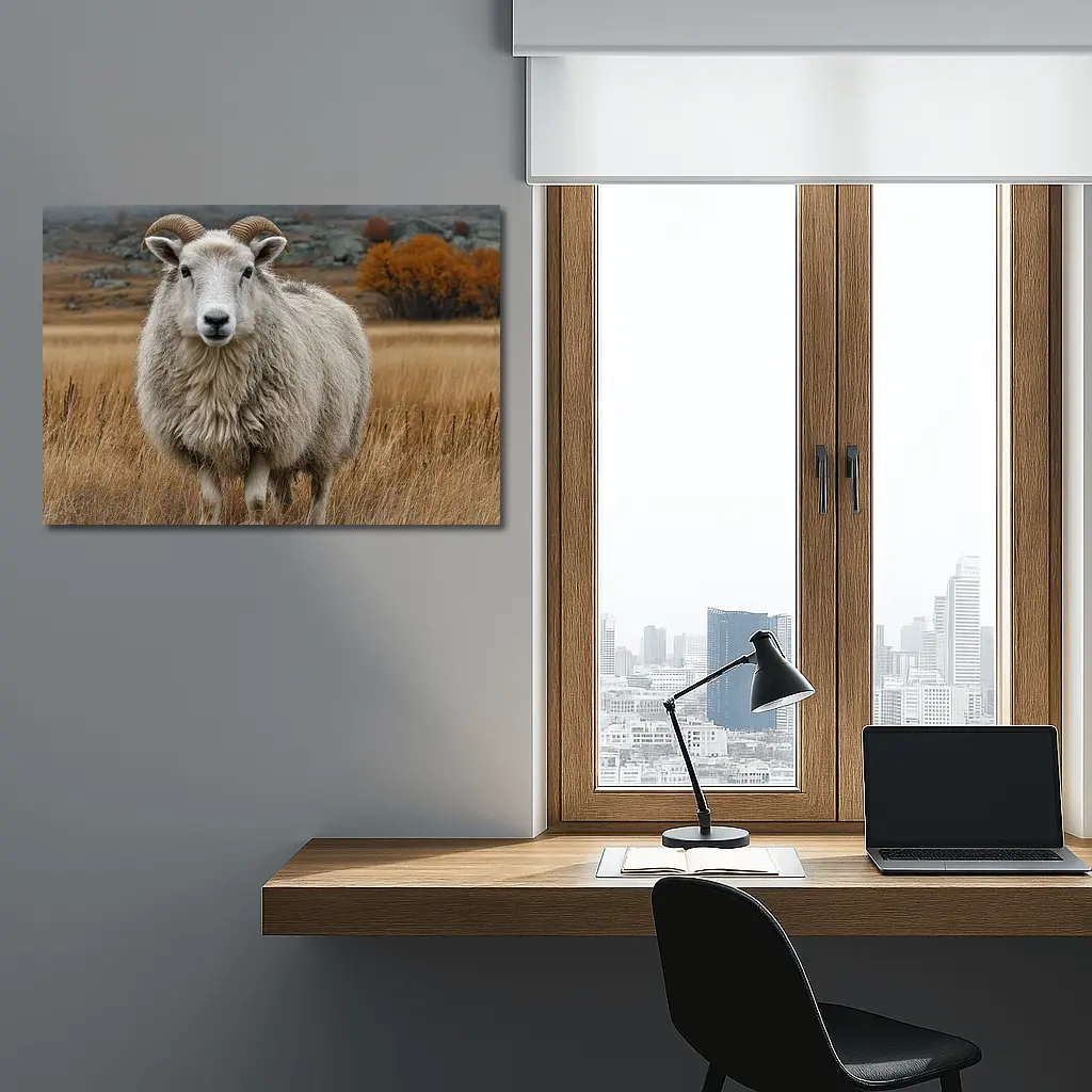 Horned Sheep Standing In Autumn Meadow – Wall Art