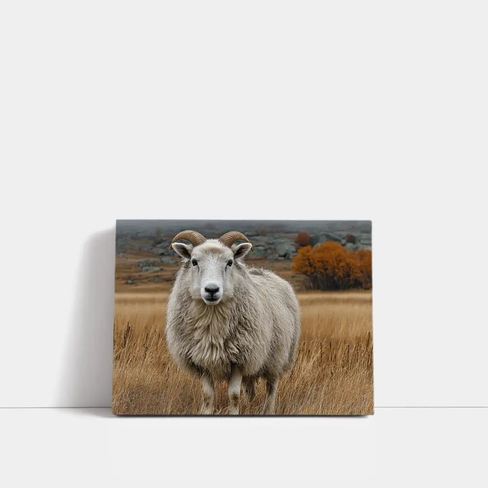 Horned Sheep Standing In Autumn Meadow – Wall Art