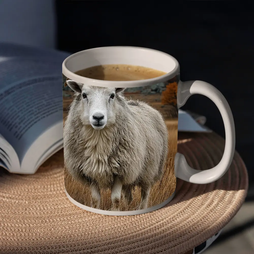 Horned Sheep Standing In Autumn Meadow – Mugs