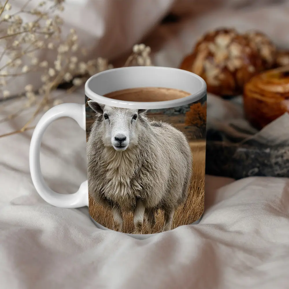 Horned Sheep Standing In Autumn Meadow – Mugs