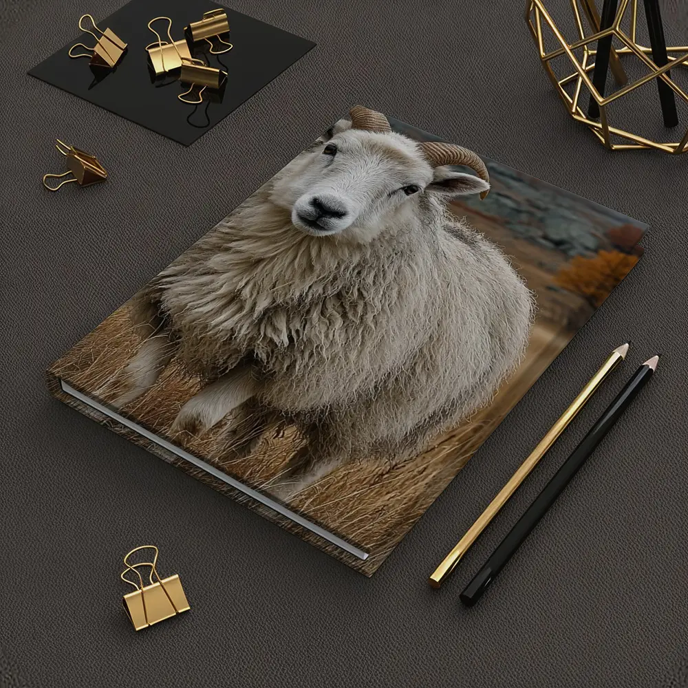 Horned Sheep Standing In Autumn Meadow – Notebooks