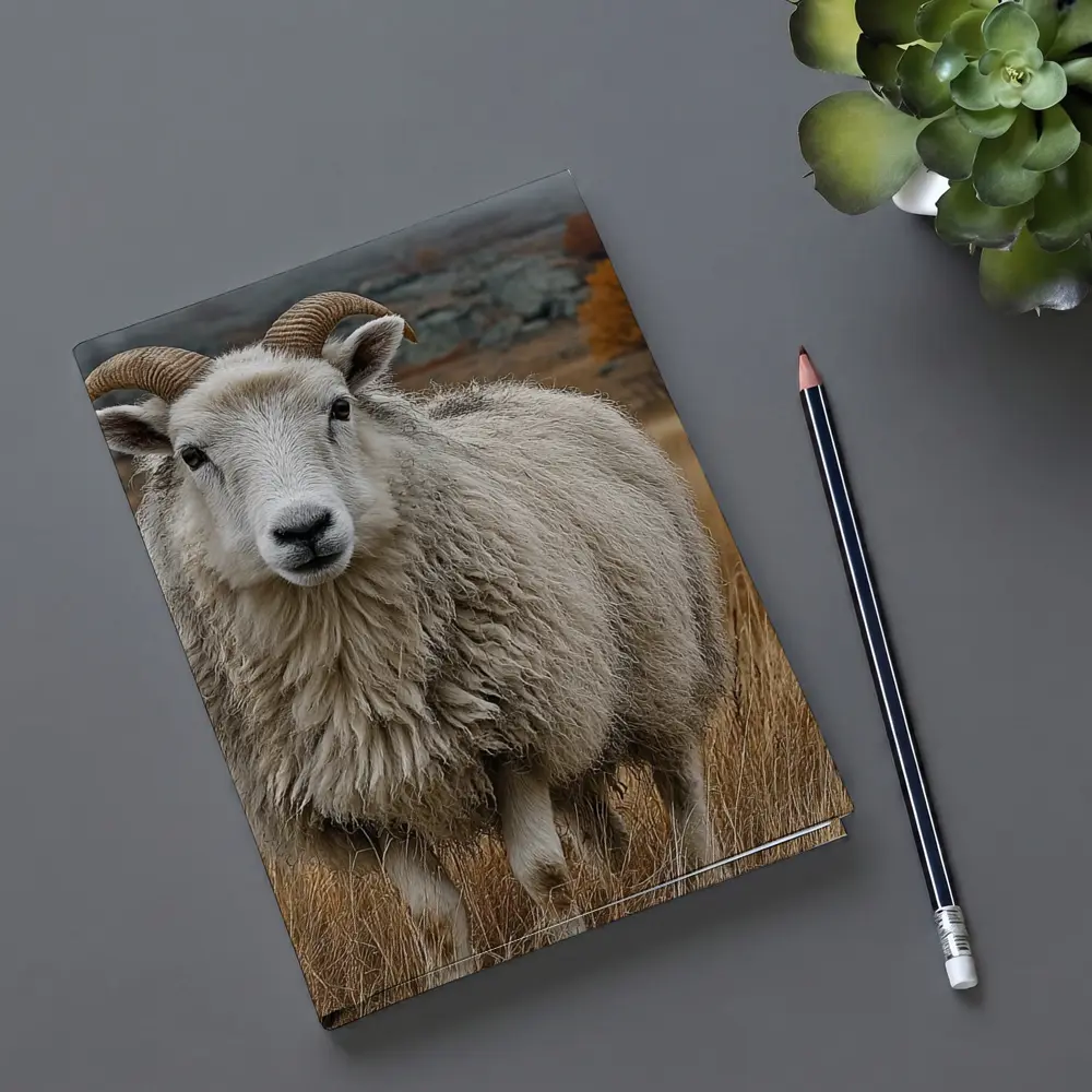 Horned Sheep Standing In Autumn Meadow – Notebooks