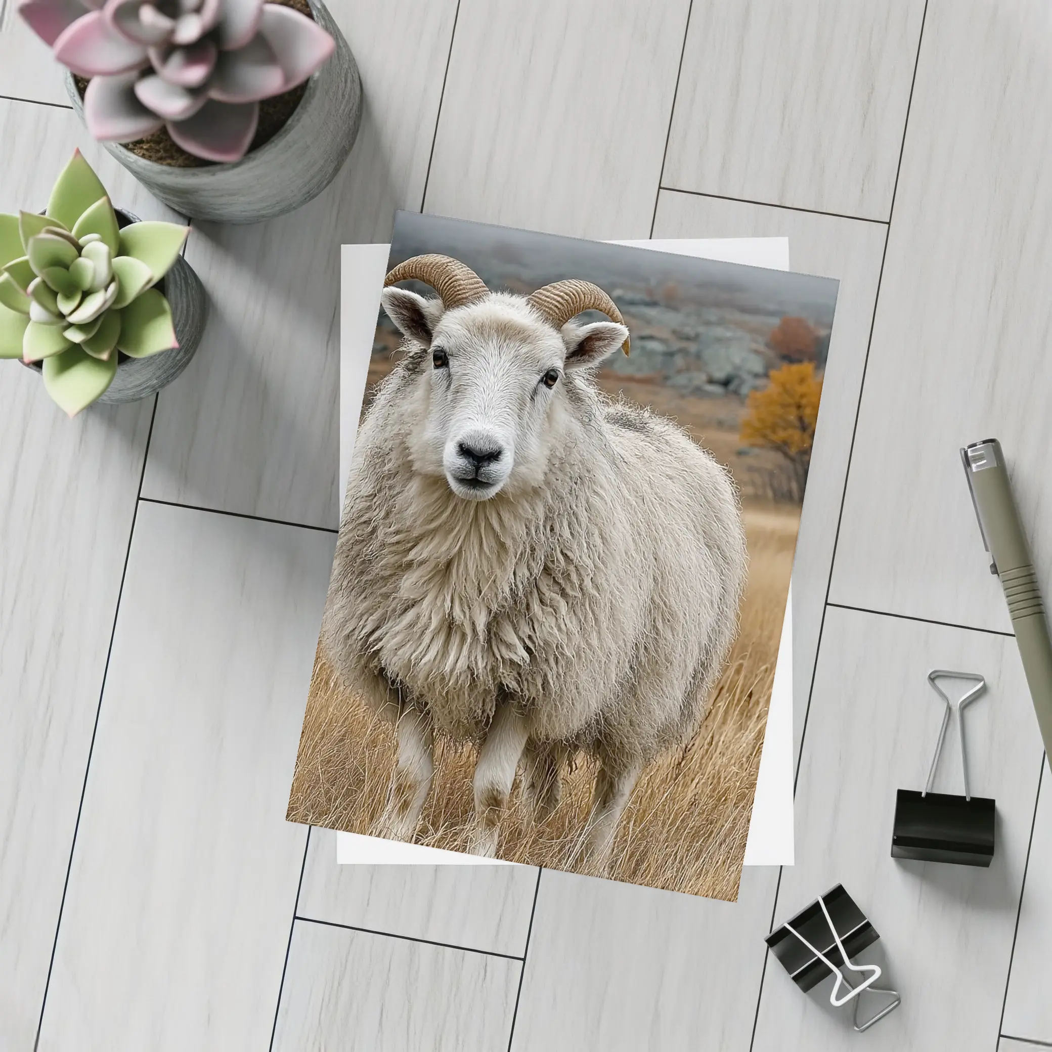 Horned Sheep Standing In Autumn Meadow – Postcards