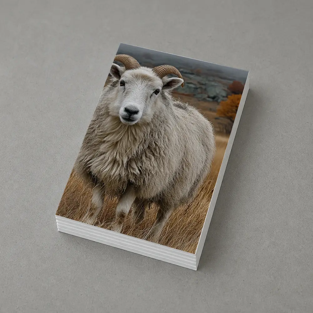 Horned Sheep Standing In Autumn Meadow – Postcards