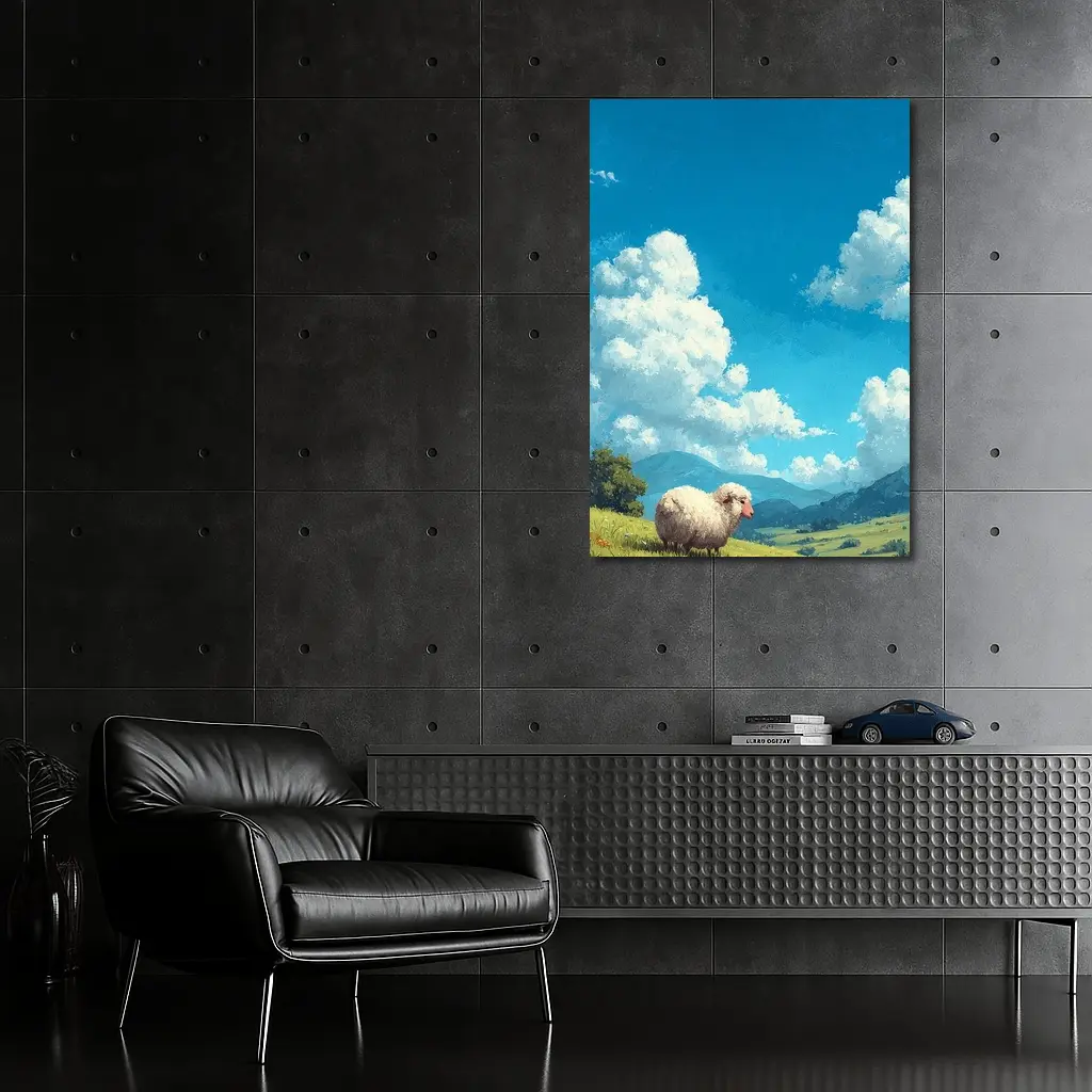 Fluffy Sheep Grazing On Green Hillside – Wall Art