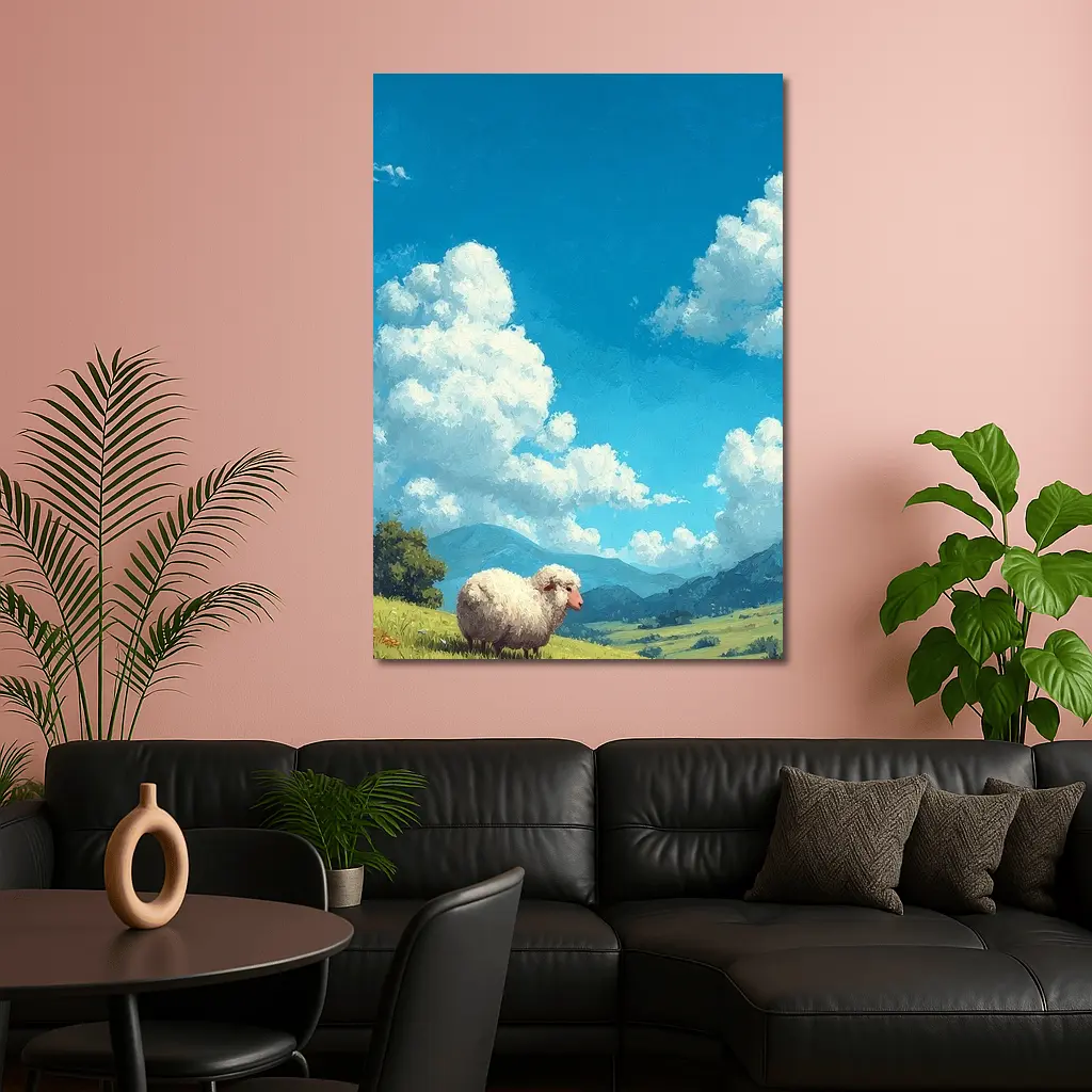 Fluffy Sheep Grazing On Green Hillside – Wall Art