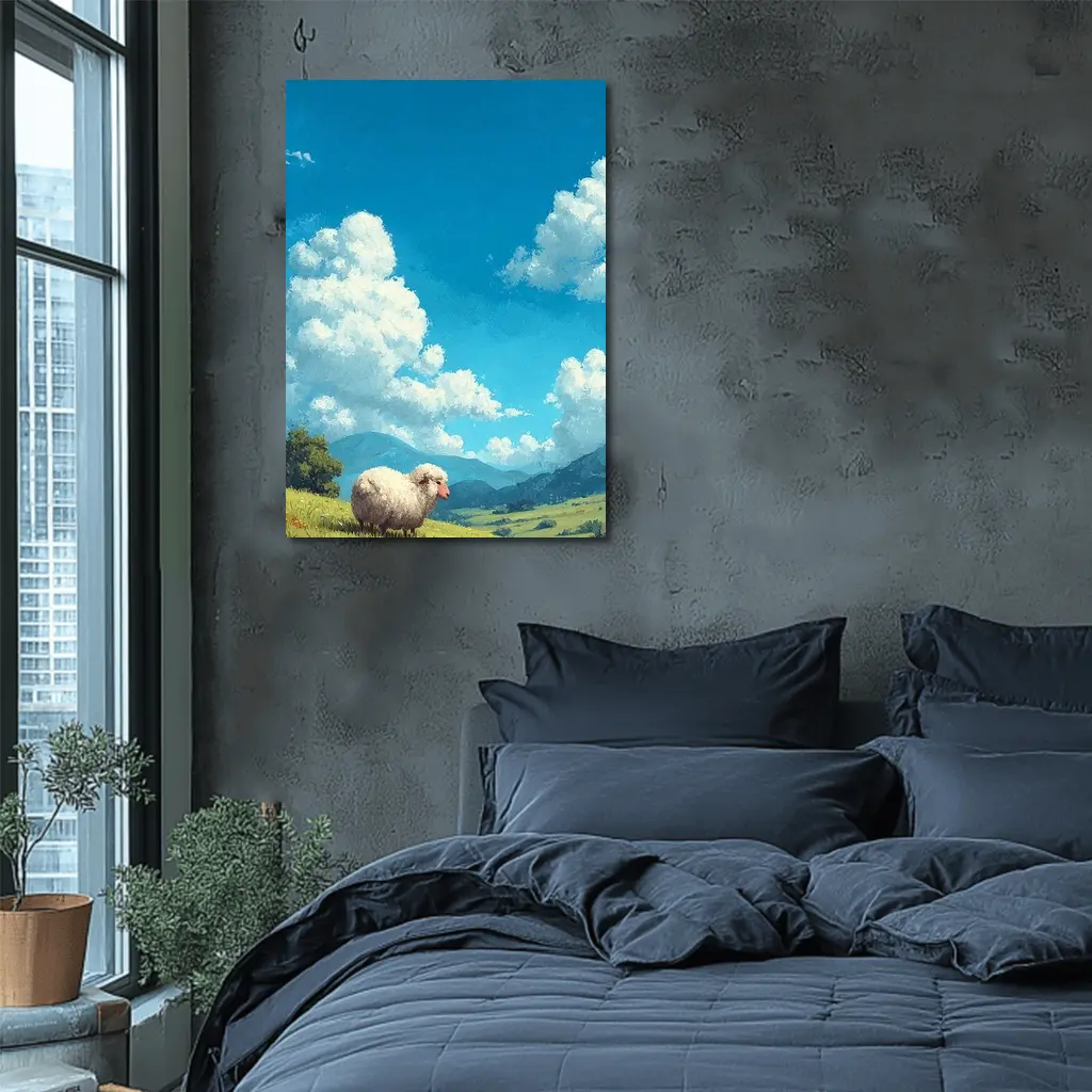 Fluffy Sheep Grazing On Green Hillside – Wall Art