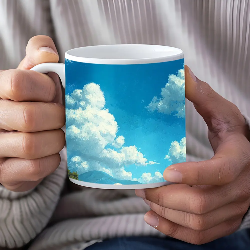 Fluffy Sheep Grazing On Green Hillside – Mugs