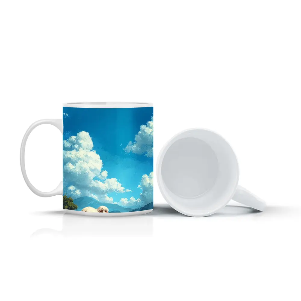 Fluffy Sheep Grazing On Green Hillside – Mugs