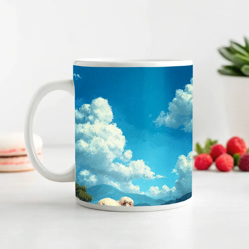 Fluffy Sheep Grazing On Green Hillside – Mugs