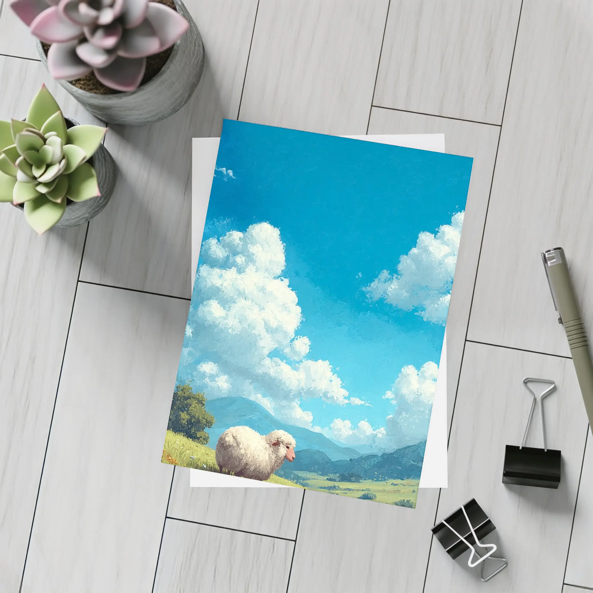 Fluffy Sheep Grazing On Green Hillside – Postcards