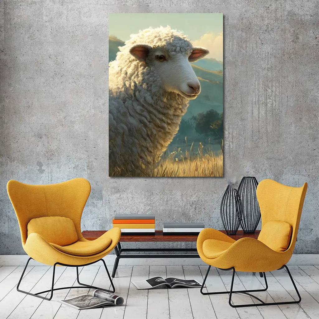 Woolly Sheep Portrait Golden Meadow Hills – Wall Art