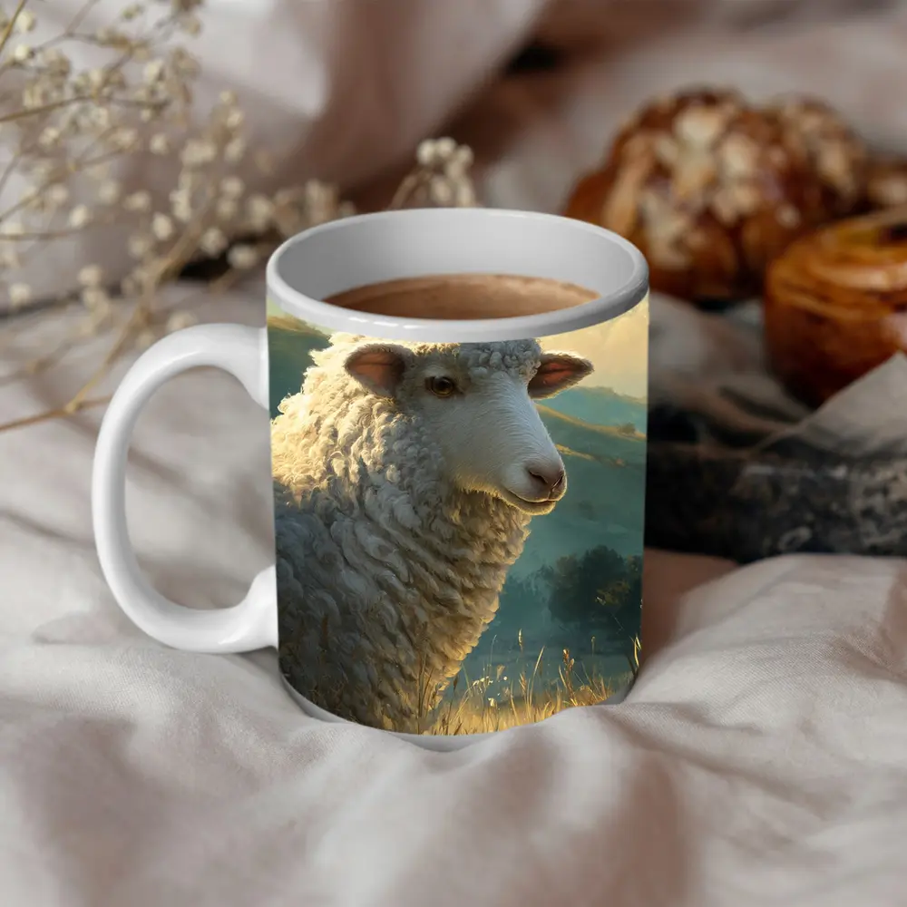 Woolly Sheep Portrait Golden Meadow Hills – Mugs