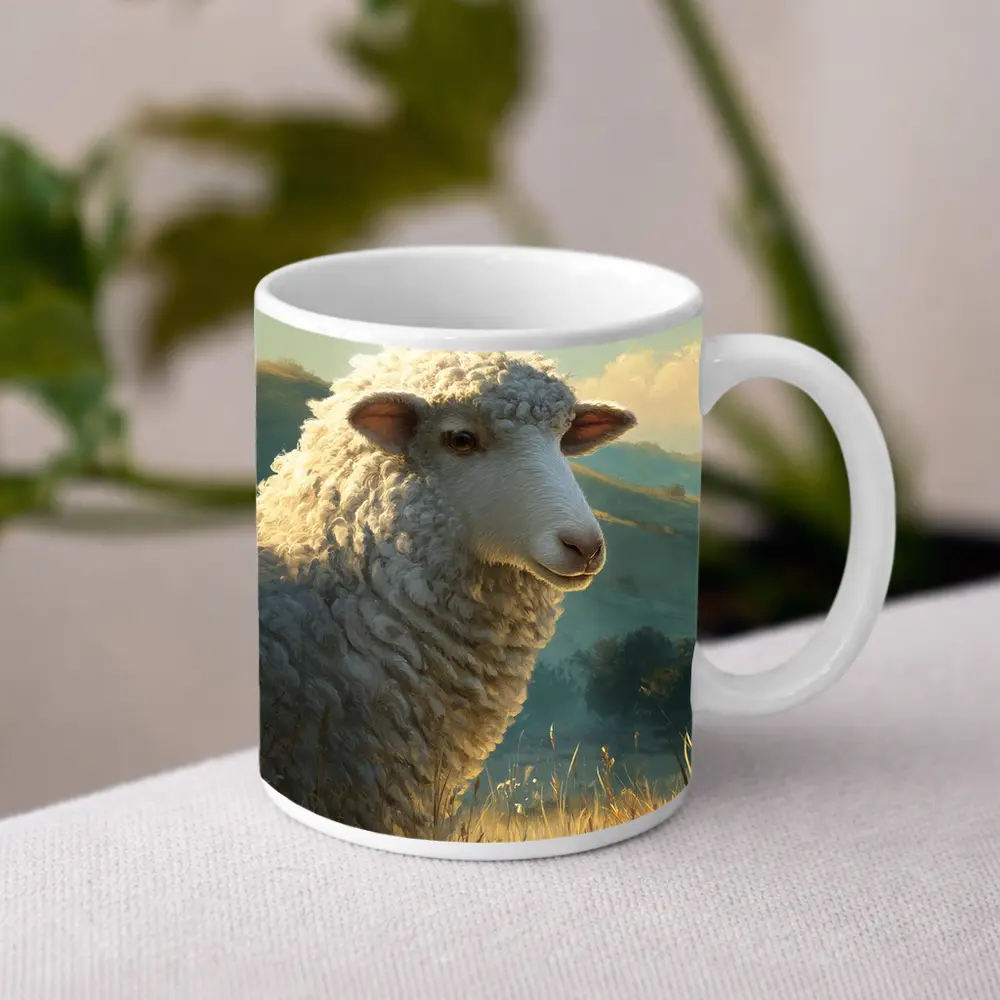 Woolly Sheep Portrait Golden Meadow Hills – Mugs
