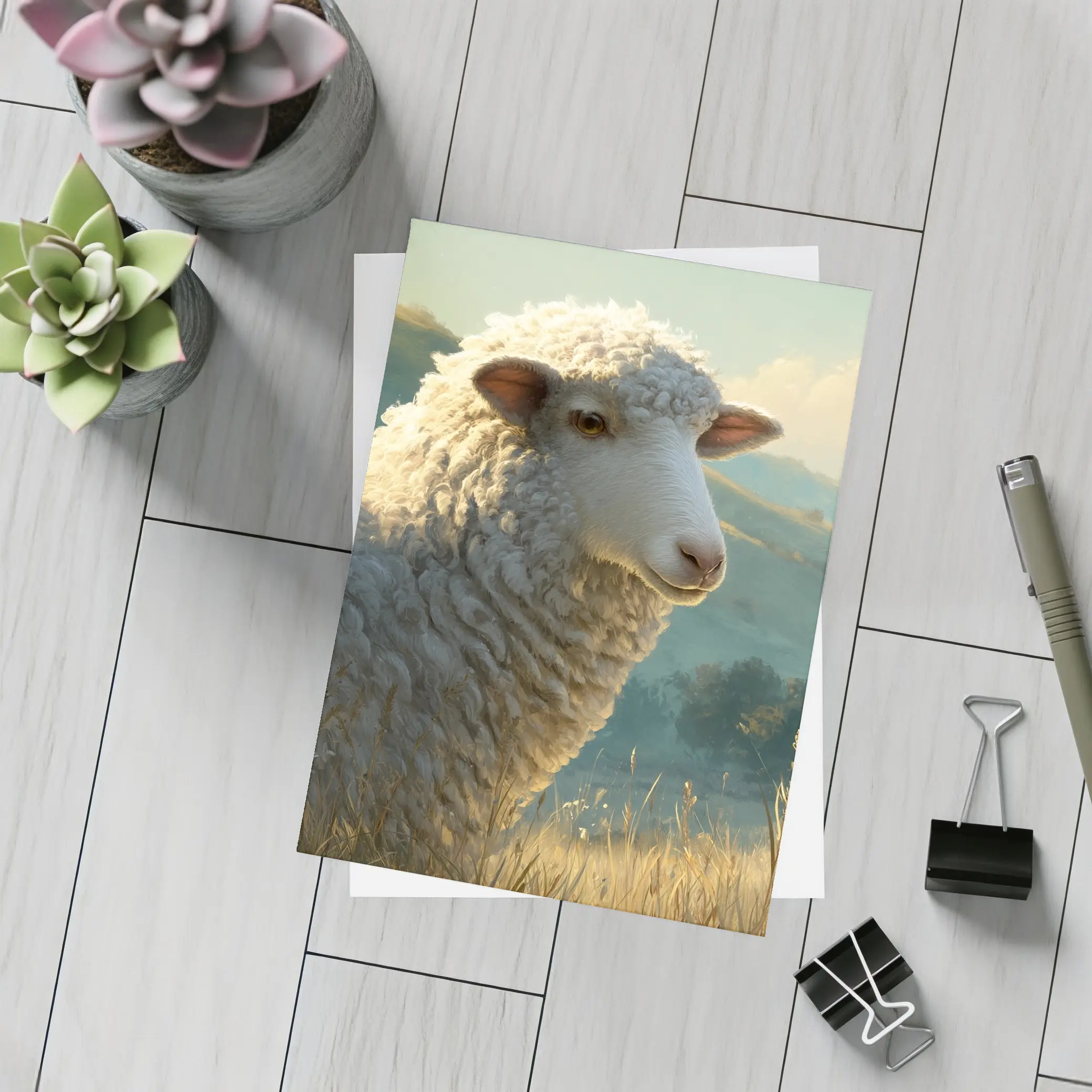 Woolly Sheep Portrait Golden Meadow Hills – Postcards