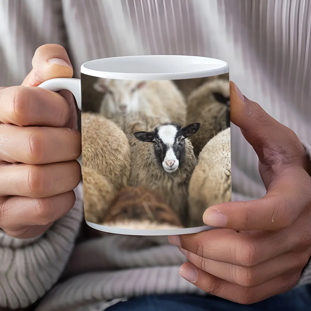 Black Faced Sheep Standing Among Flock – Mugs