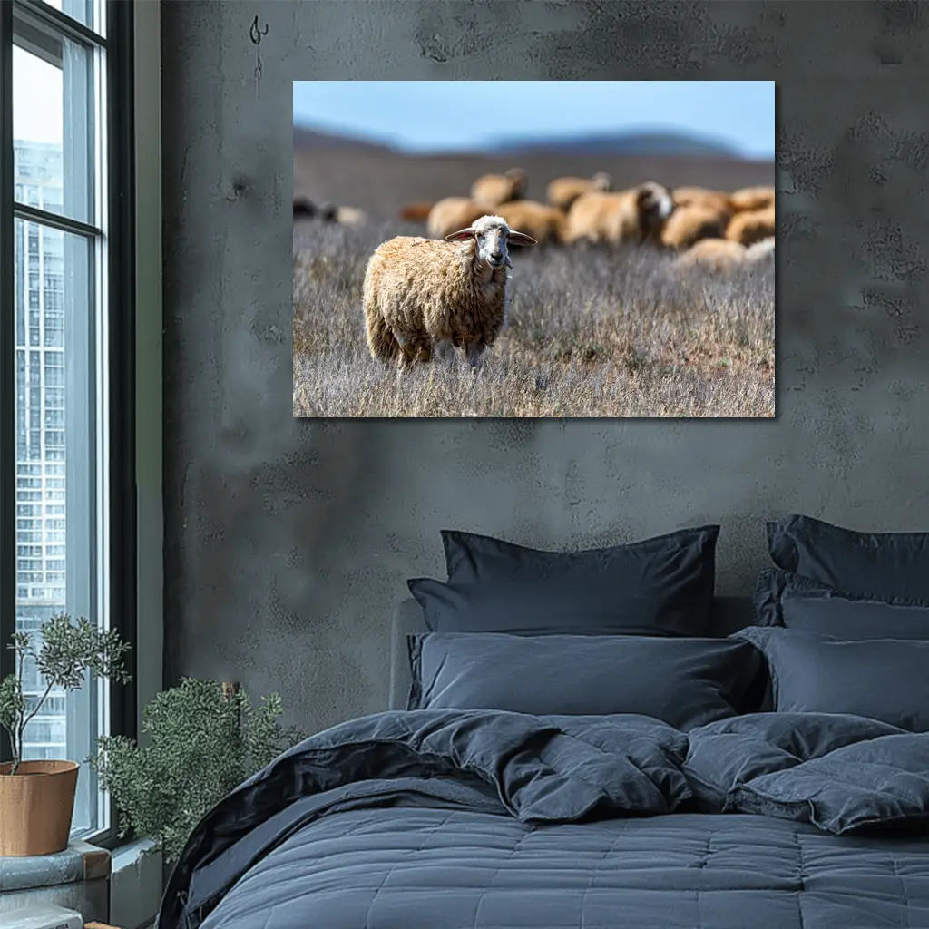 Woolly Sheep Standing in Dry Grassland Field – Wall Art