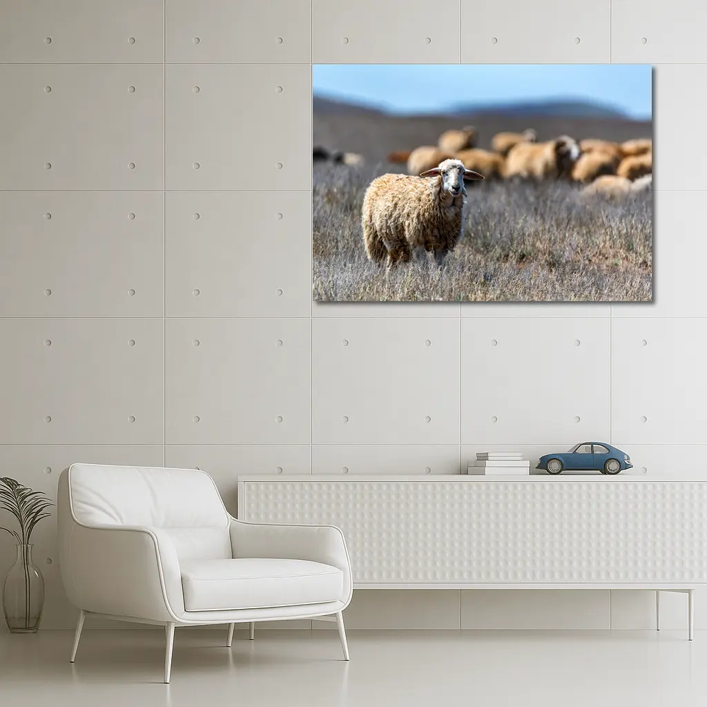 Woolly Sheep Standing in Dry Grassland Field – Wall Art
