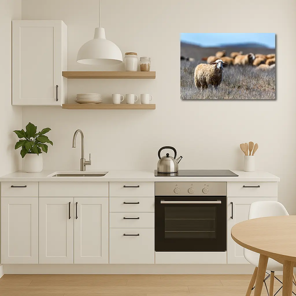 Woolly Sheep Standing in Dry Grassland Field – Wall Art