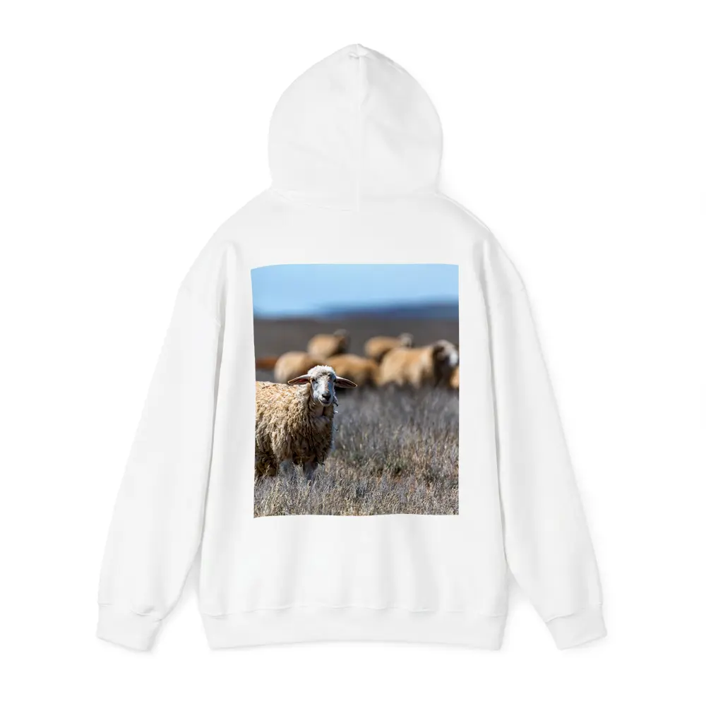 Woolly Sheep Standing in Dry Grassland Field – Hoodies