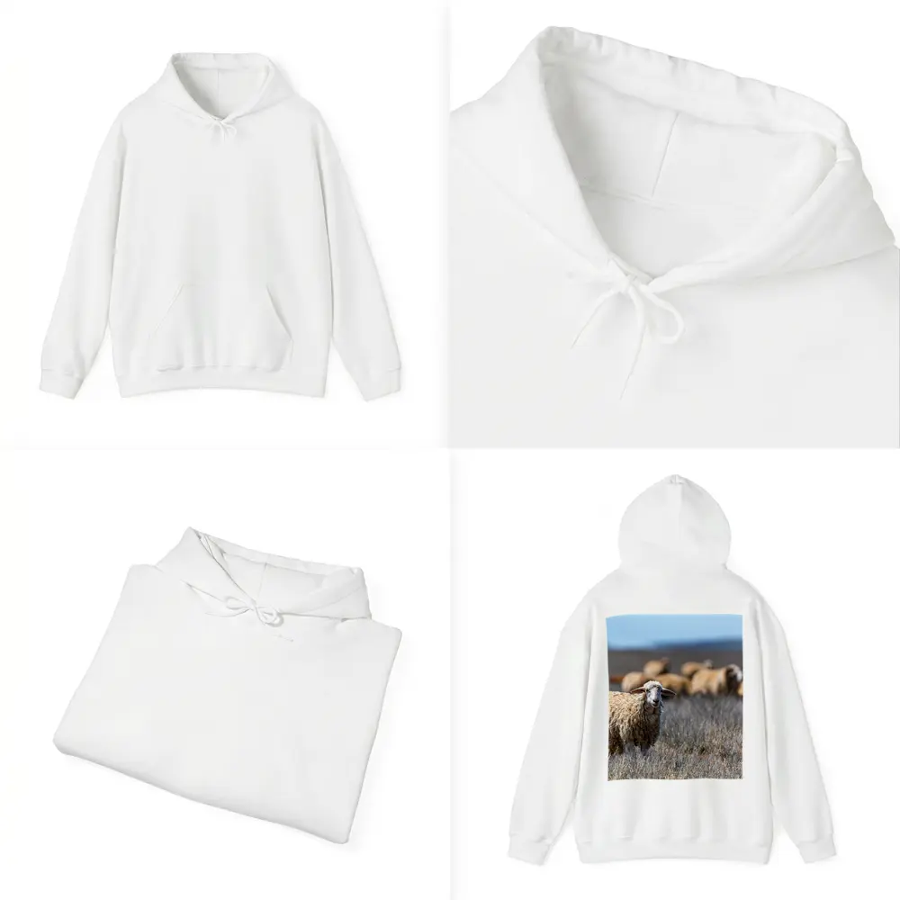 Woolly Sheep Standing in Dry Grassland Field – Hoodies