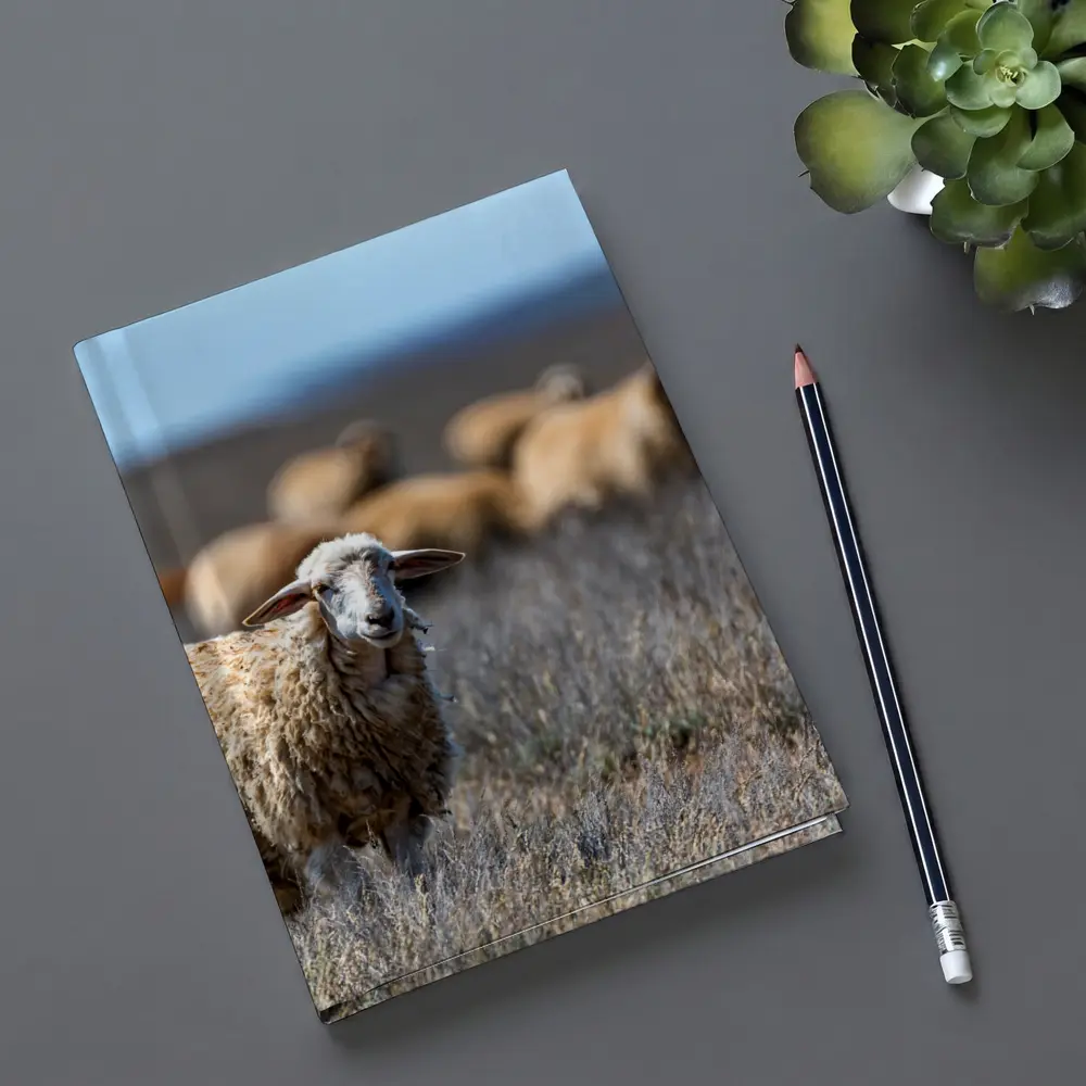 Woolly Sheep Standing in Dry Grassland Field – Notebooks
