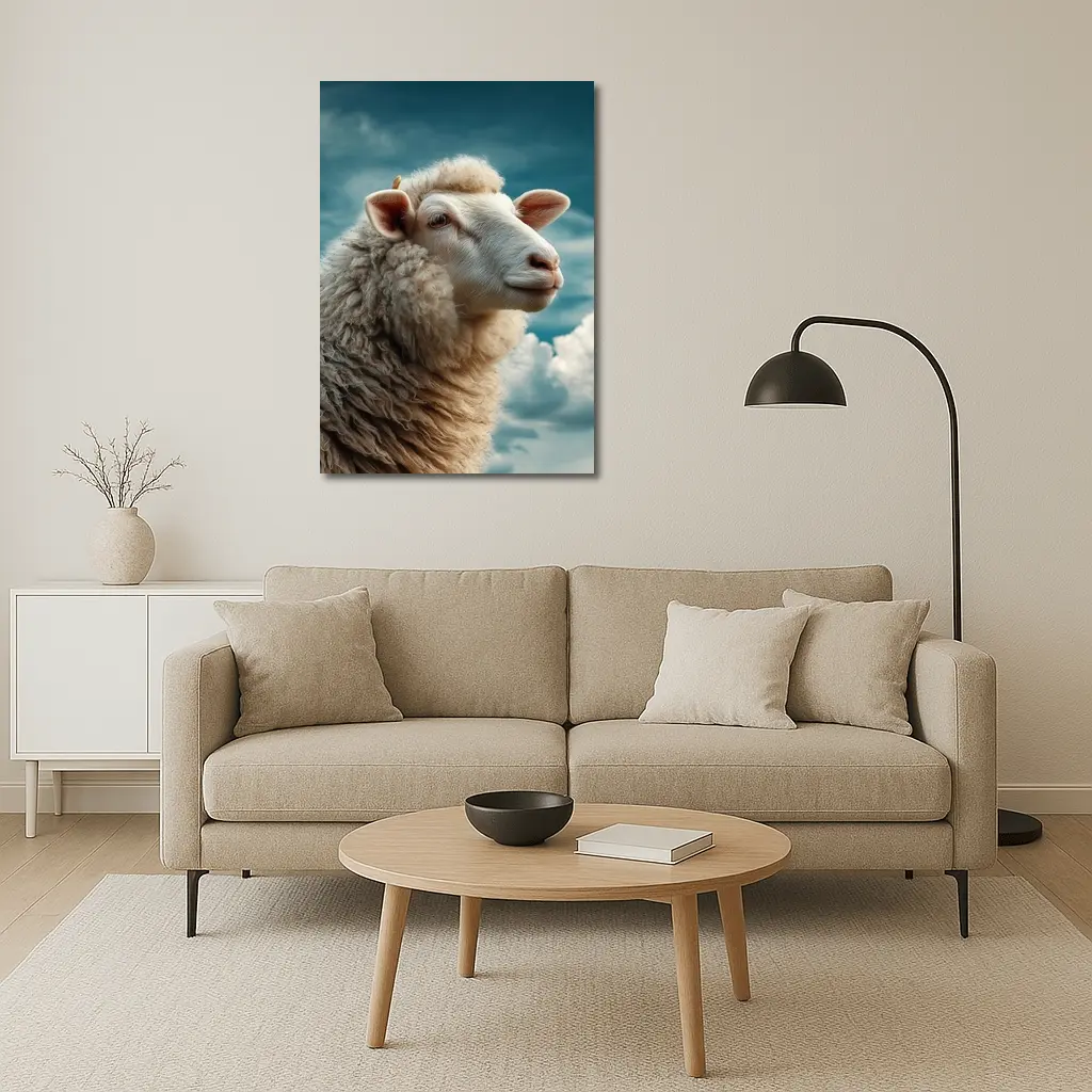 Wool Sheep Portrait Against Cloudy Blue Sky – Wall Art