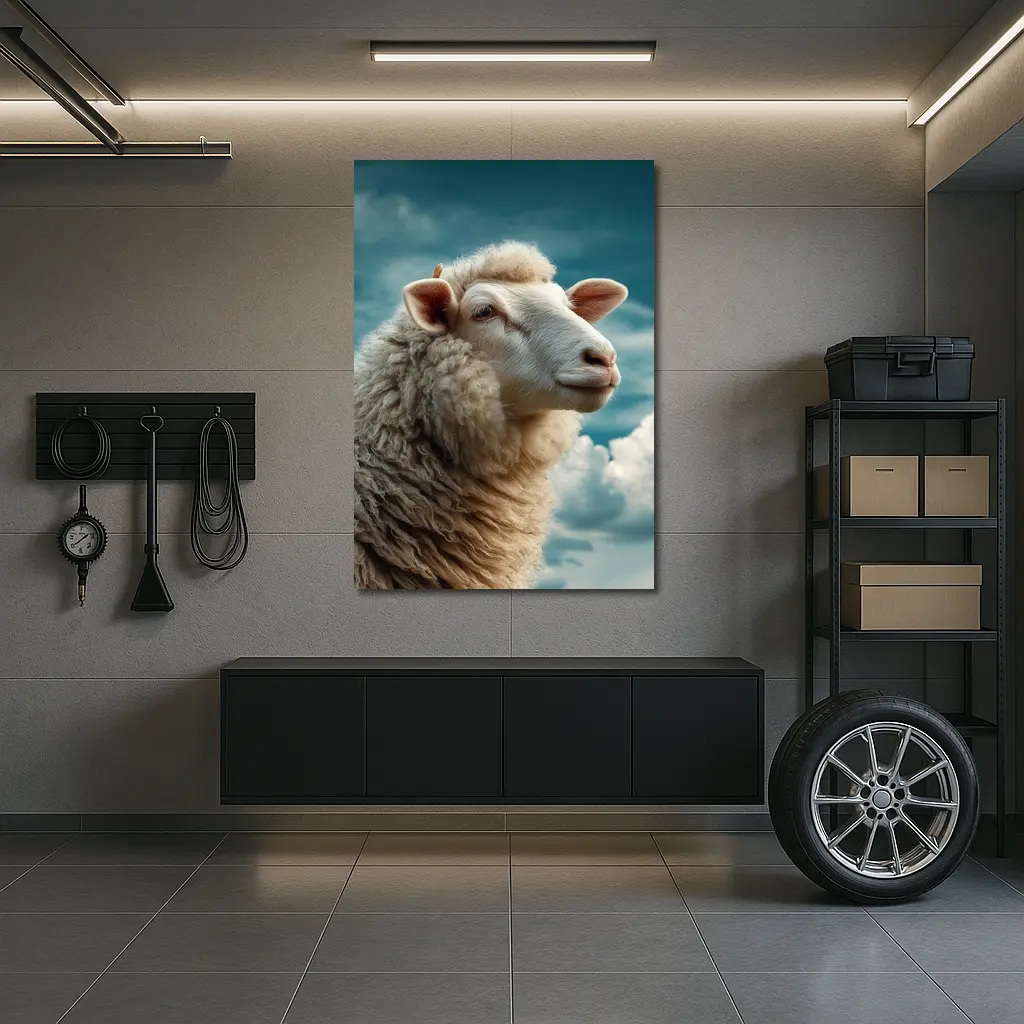 Wool Sheep Portrait Against Cloudy Blue Sky – Wall Art