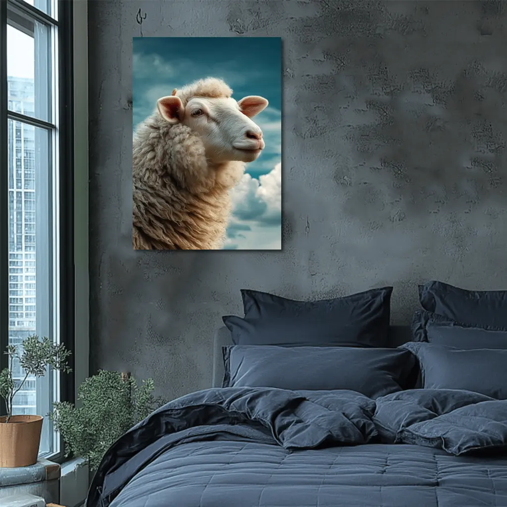 Wool Sheep Portrait Against Cloudy Blue Sky – Wall Art